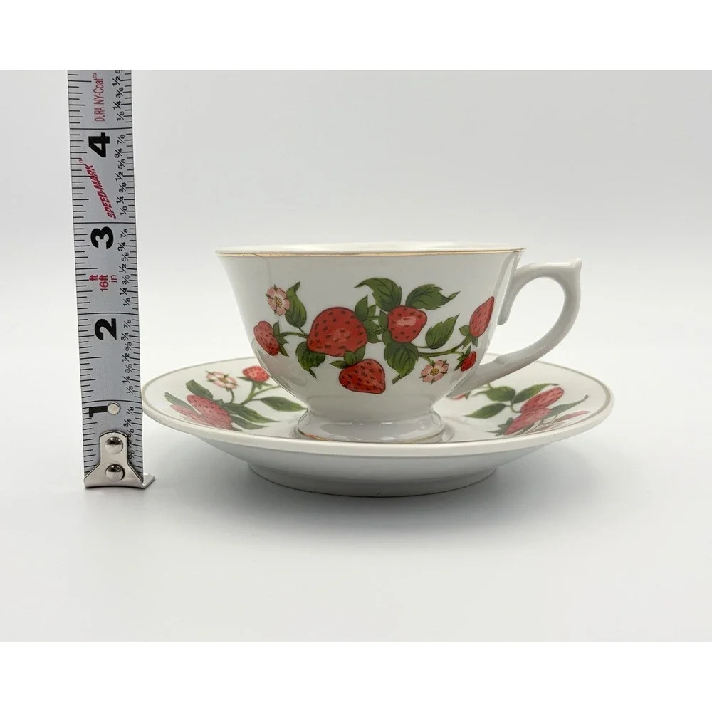 Vintage Teleflora Strawberry Vine Tea Cup and Saucer Set Gold Rim Cottagecore